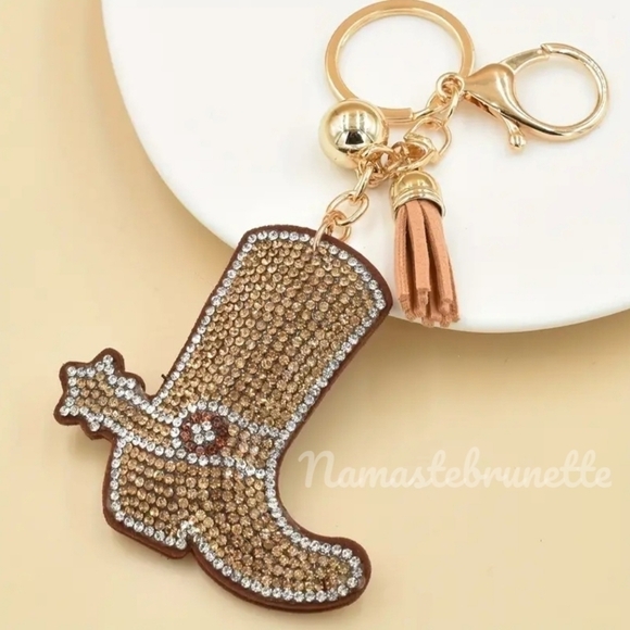 Western Boot Crystal Rhinestone Keychain Bag Charm With Tan Tassel - Picture 1 of 16